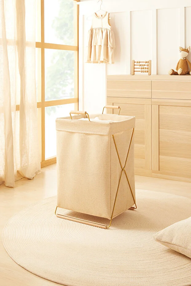 Katlanabilir Metal Destekli Jüt Keten Düzenleyici Oyuncak Sepeti Çamaşır Sepeti 36x33x60